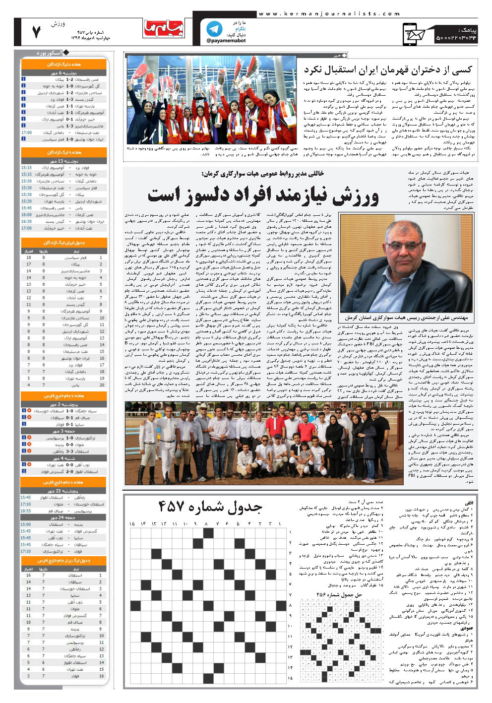 صفحه ورزش شماره شماره ۴۵۷ روزنامه پیام ما