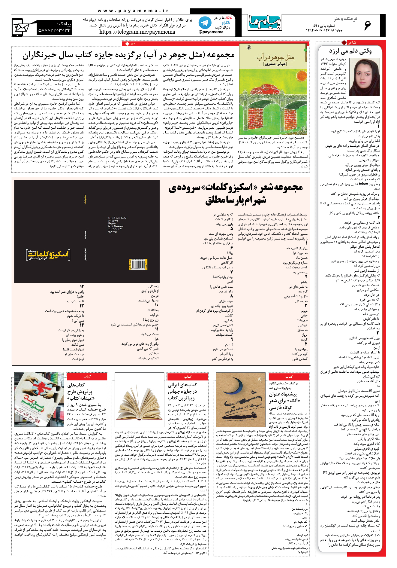 صفحه فرهنگ و هنر شماره 591 روزنامه پیام ما