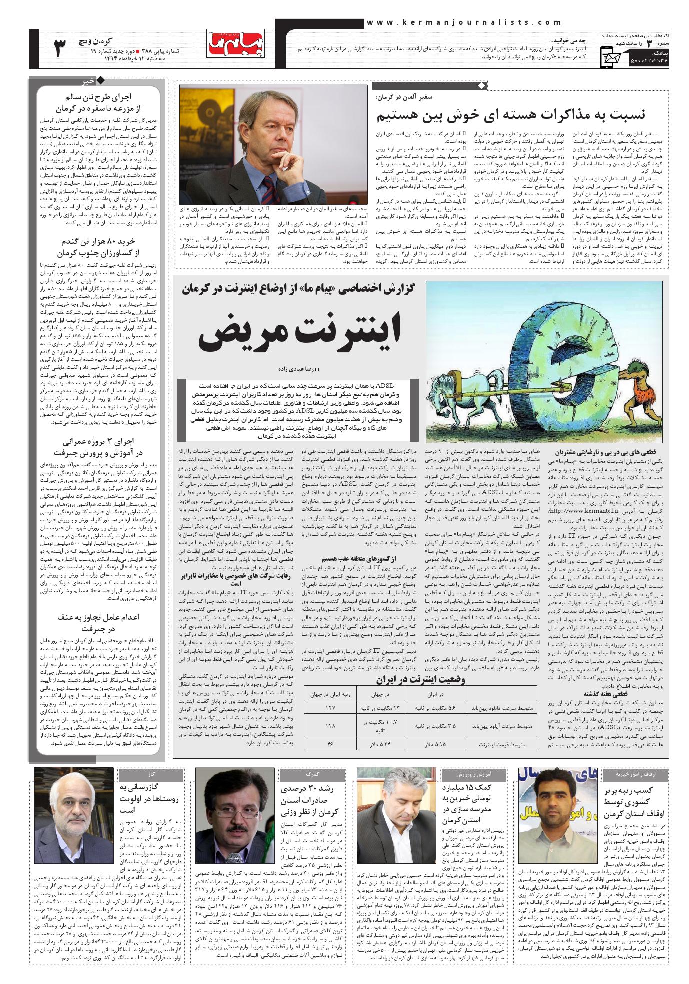 صفحه کرمان ویچ شماره 388 روزنامه پیام ما