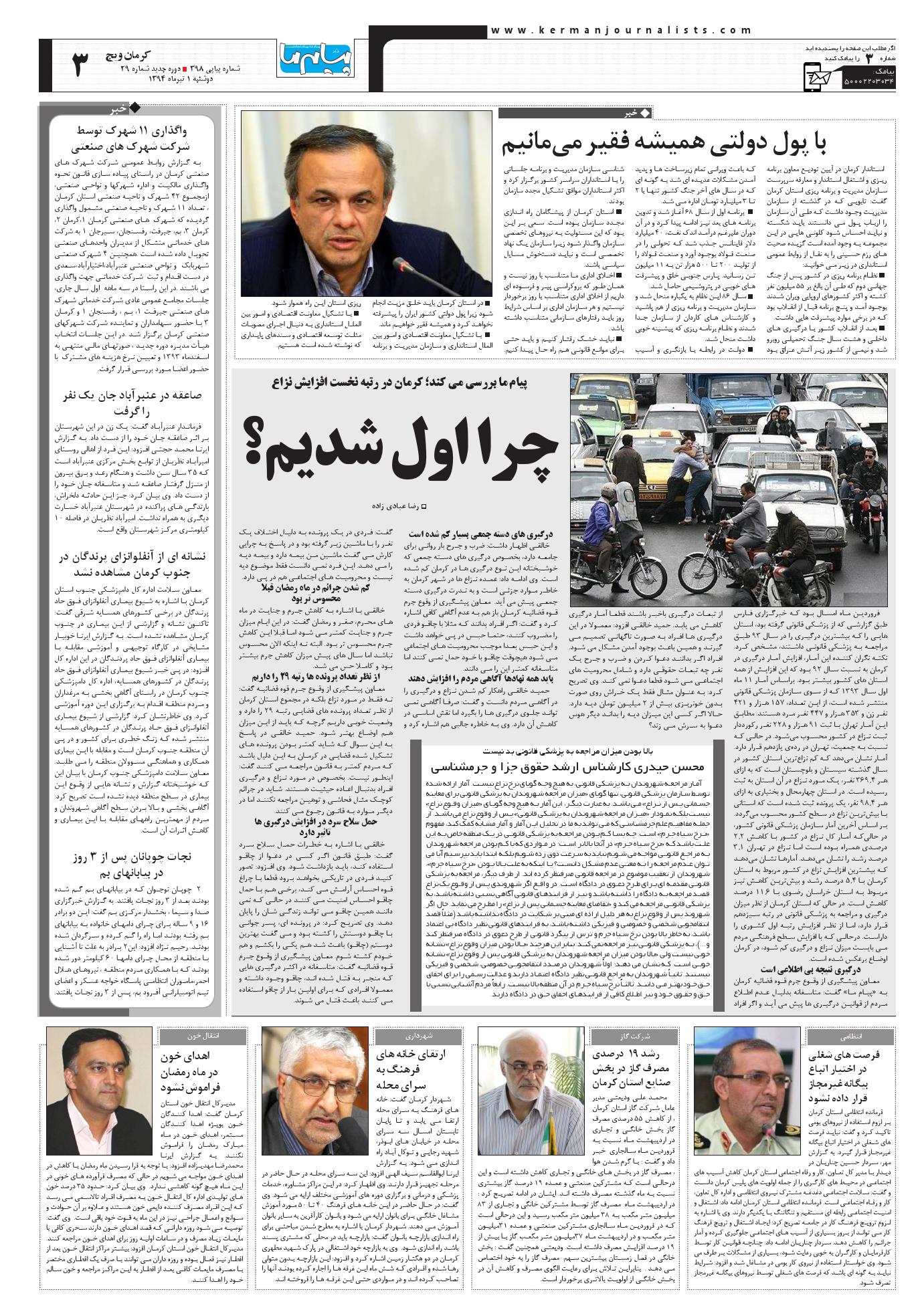 صفحه کرمان ویچ شماره 398 روزنامه پیام ما