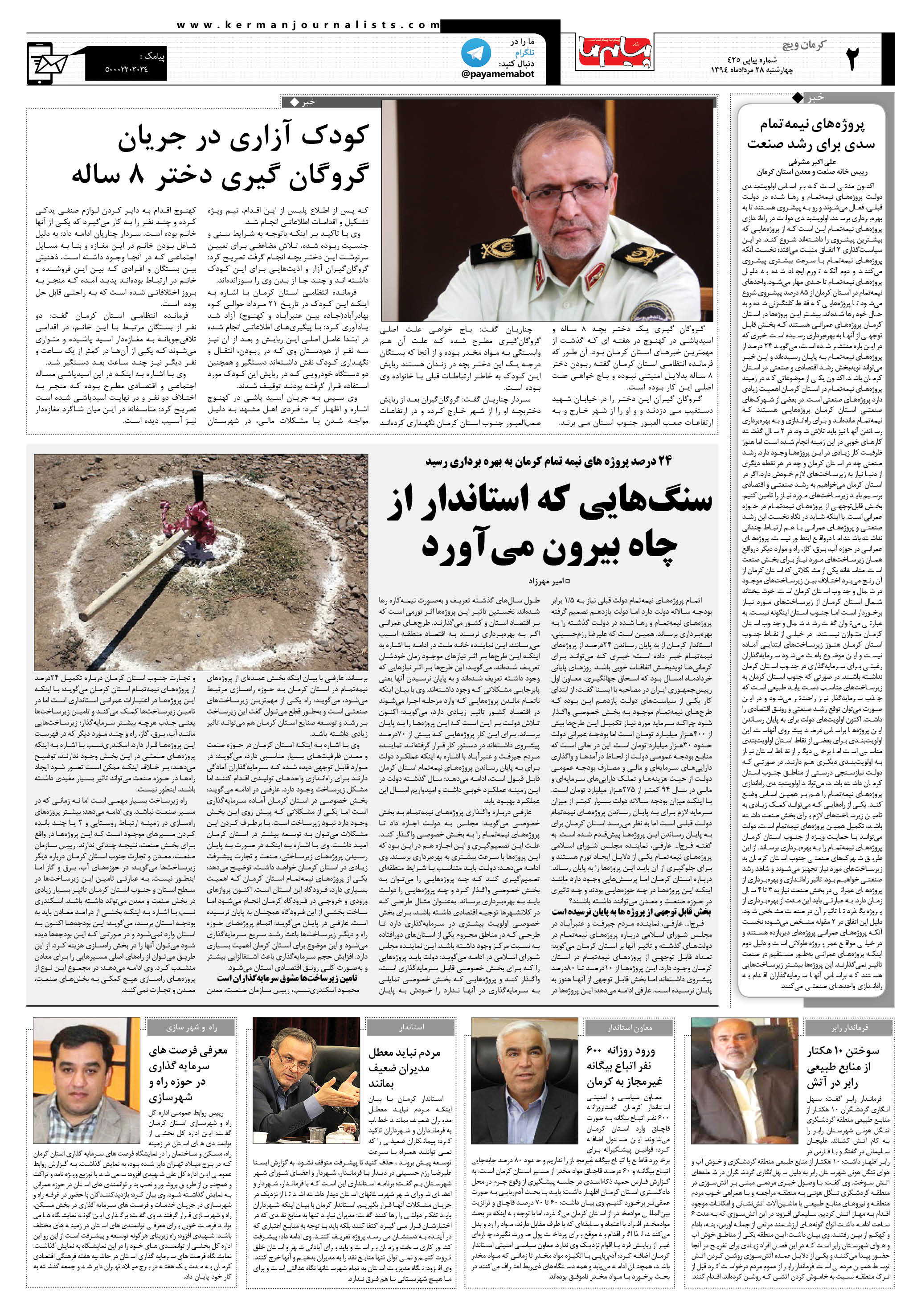 صفحه کرمان ویچ شماره 425 روزنامه پیام ما