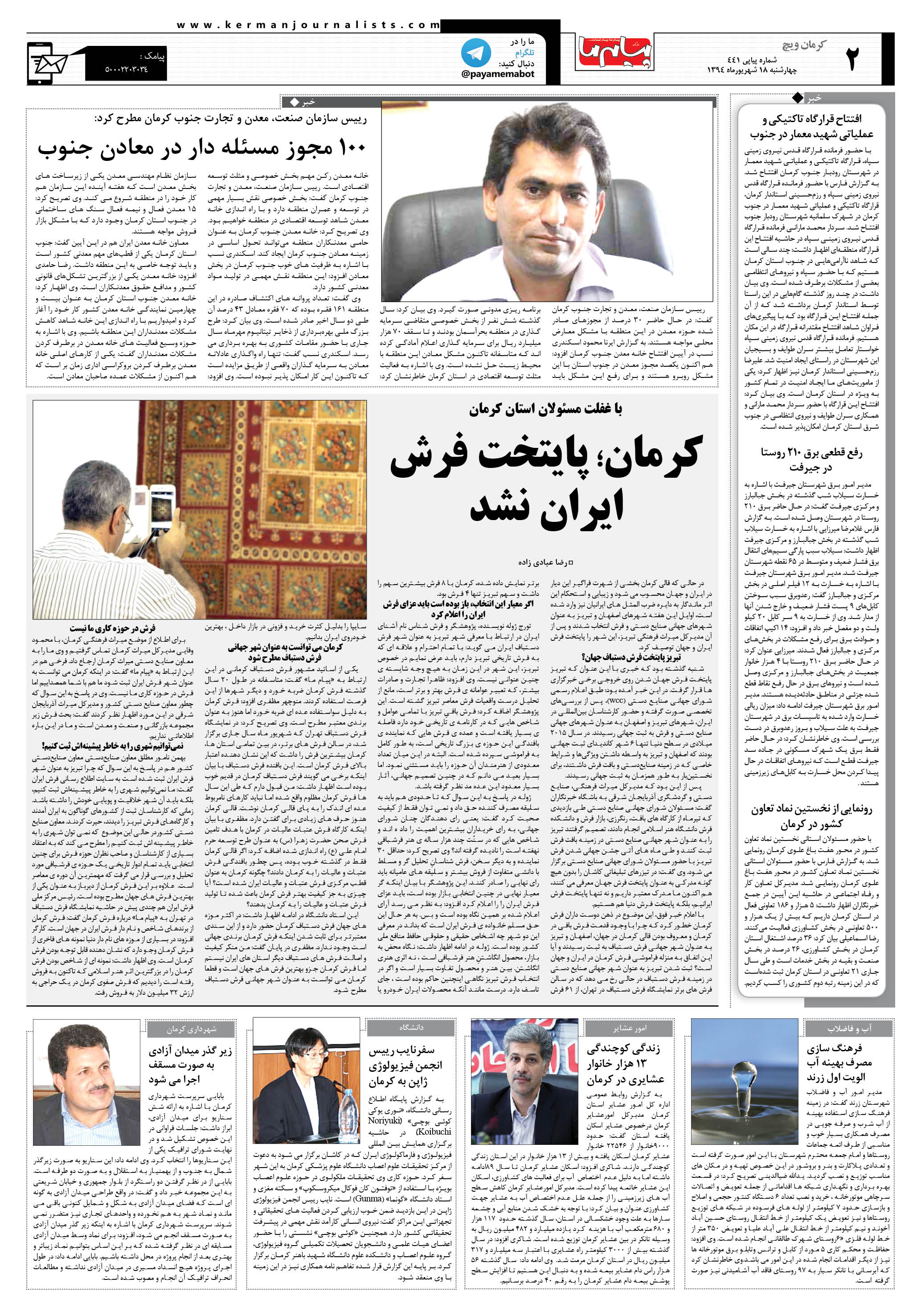 صفحه کرمان ویچ شماره 441 روزنامه پیام ما