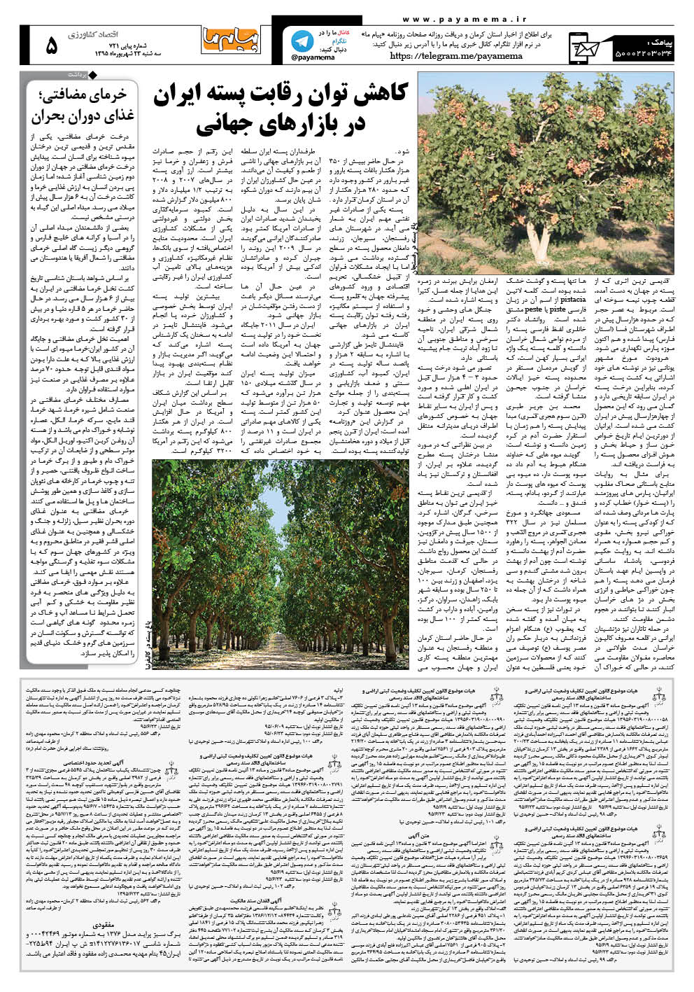 صفحه اقتصاد کشاورزی شماره 721 روزنامه پیام ما