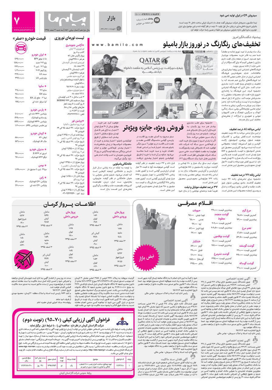 صفحه بازار شماره 851 روزنامه پیام ما