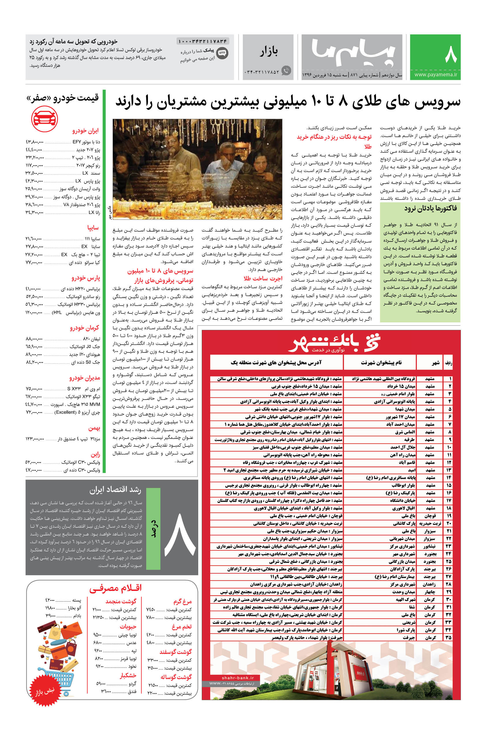 صفحه بازار شماره 871 روزنامه پیام ما