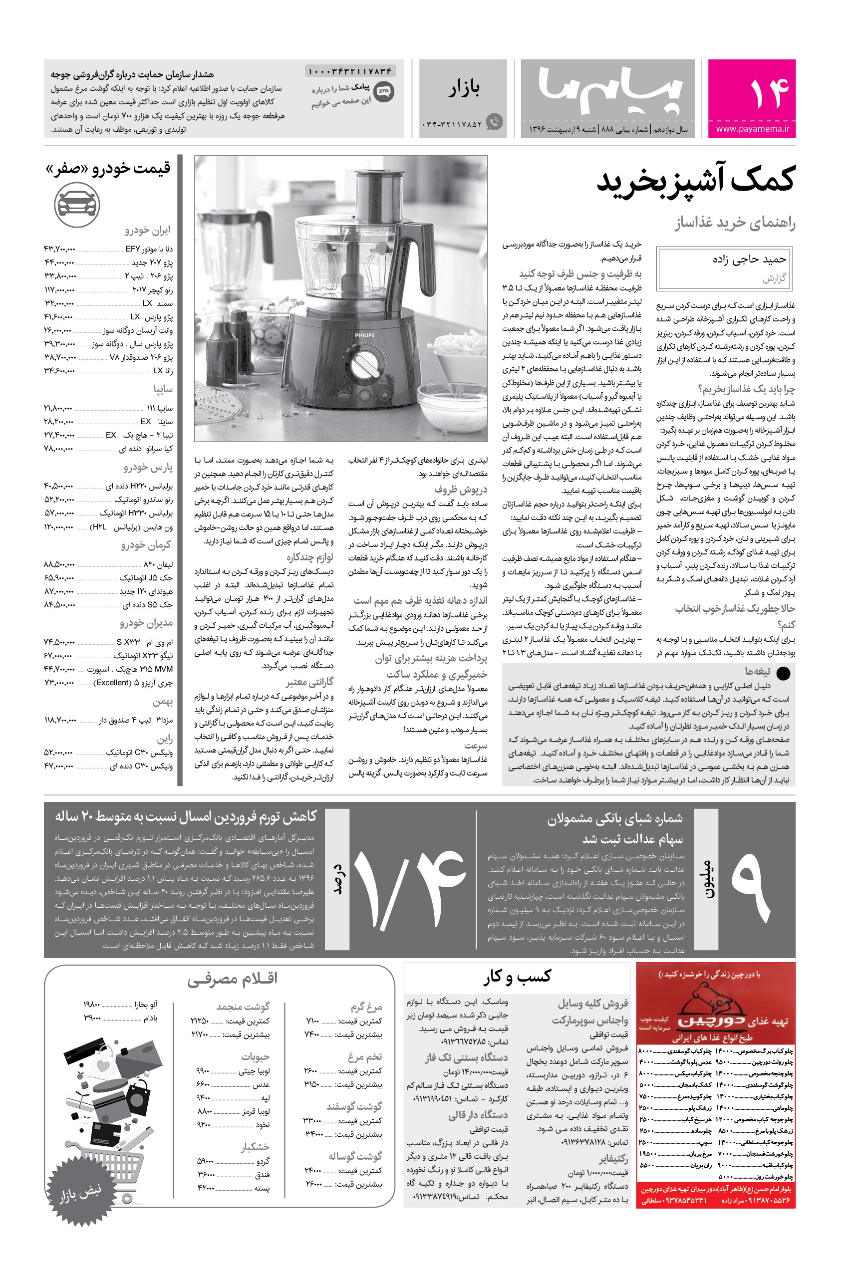 صفحه بازار شماره 888 روزنامه پیام ما
