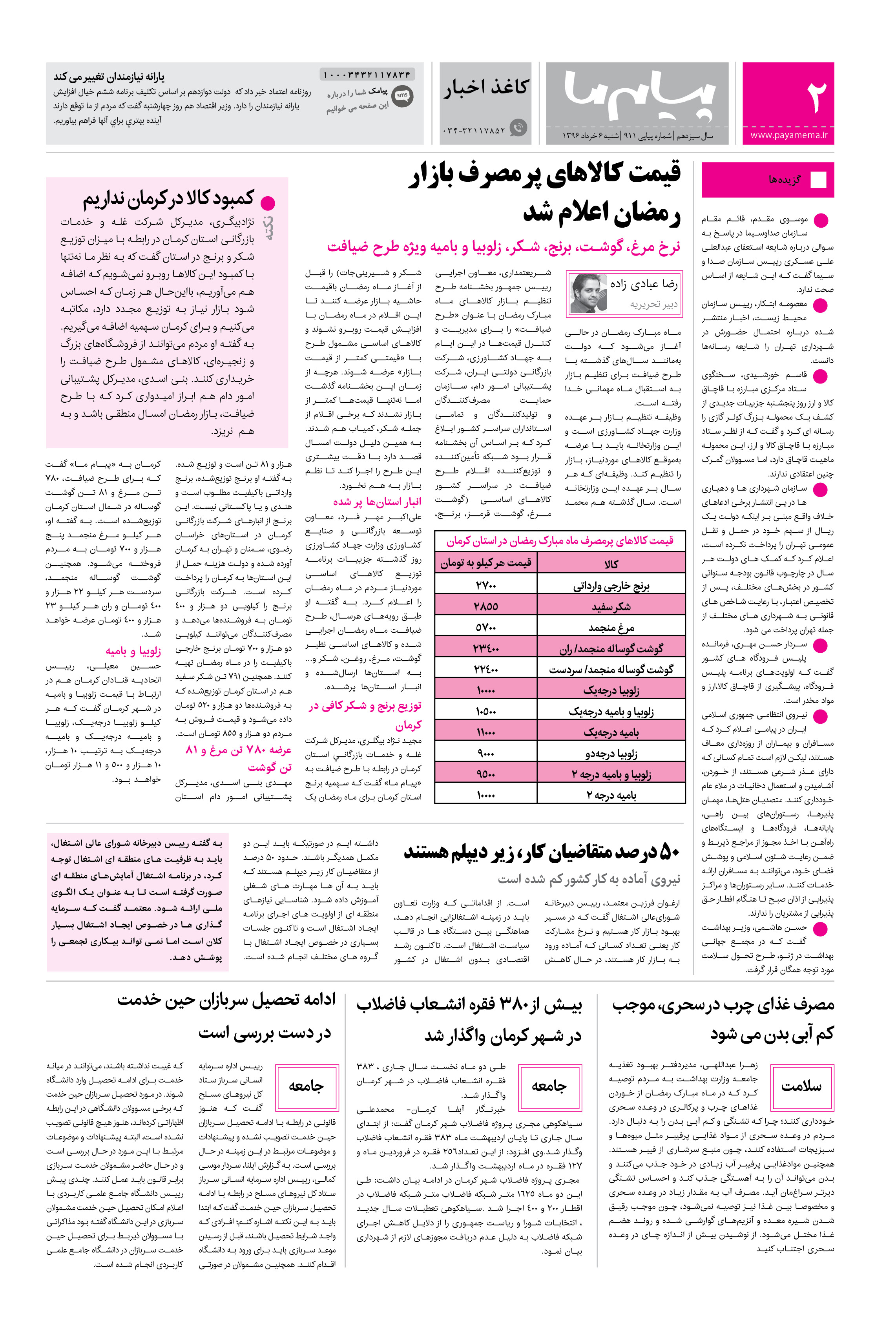صفحه کاغذاخبار شماره 911 روزنامه پیام ما