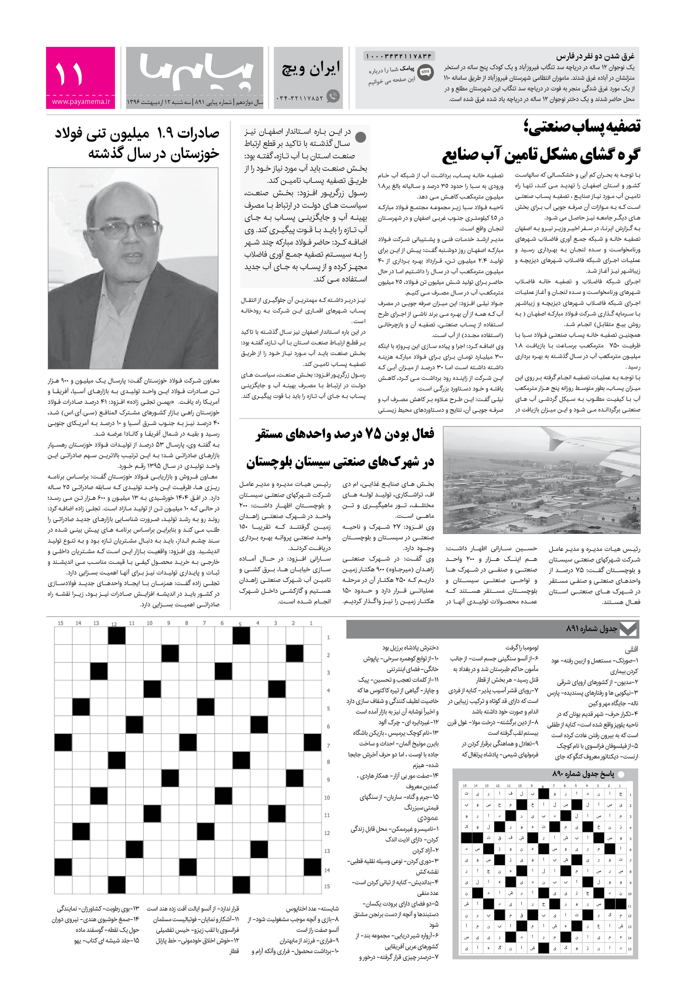 صفحه ایران ویچ شماره 891 روزنامه پیام ما