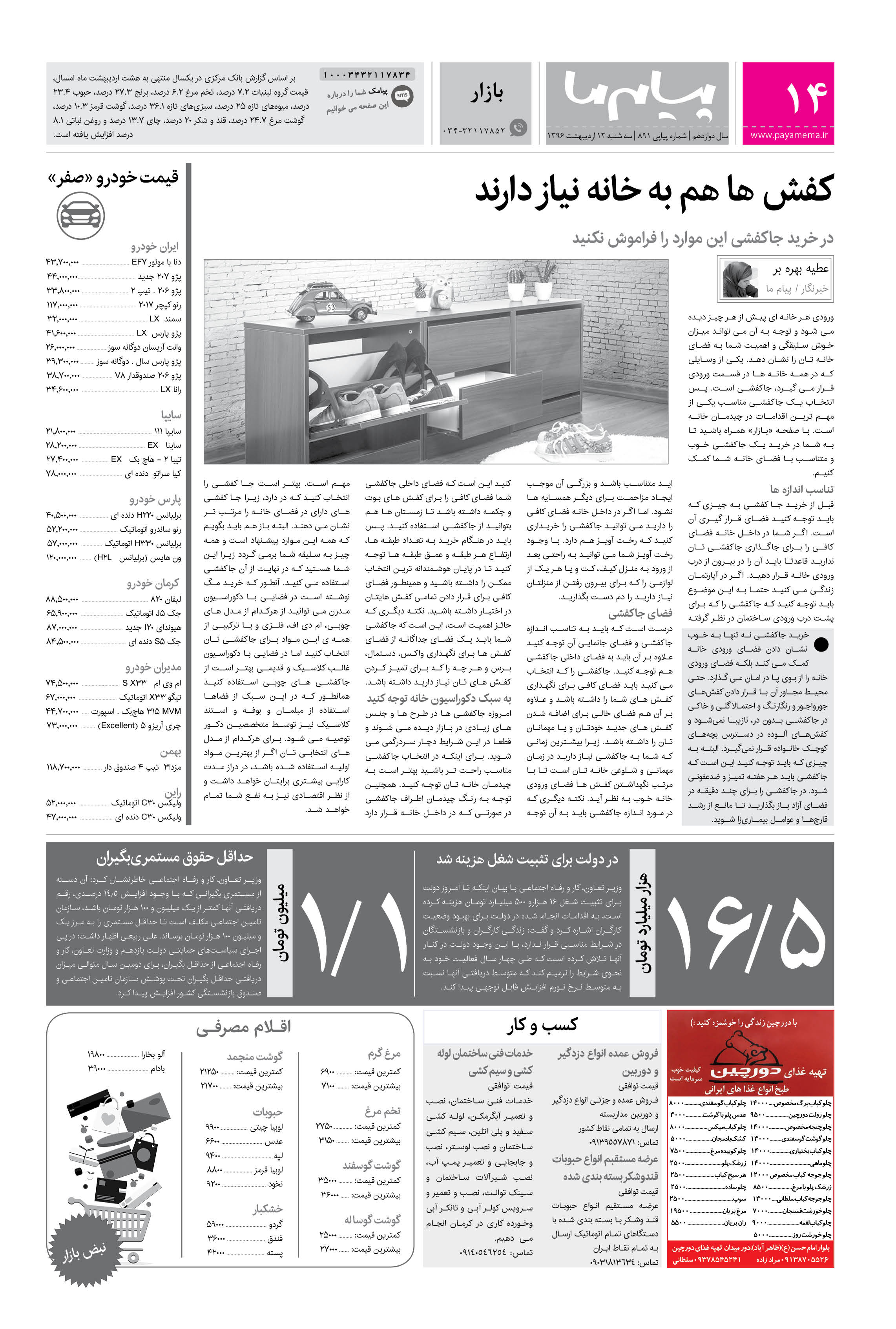 صفحه بازار شماره 891 روزنامه پیام ما