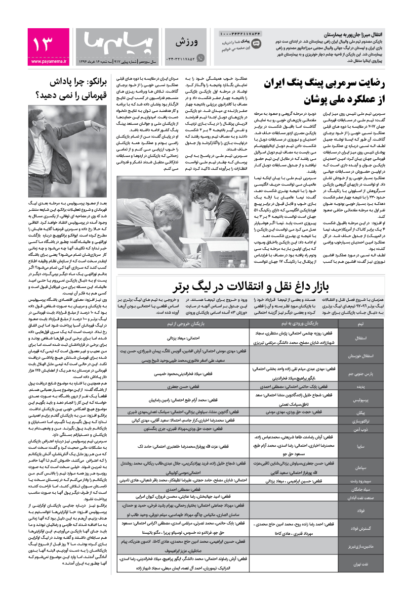 صفحه ورزش شماره 917 روزنامه پیام ما