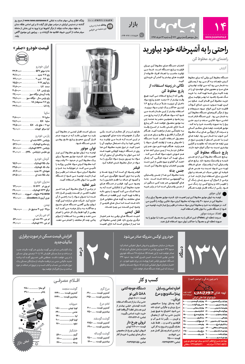 صفحه بازار شماره 922 روزنامه پیام ما