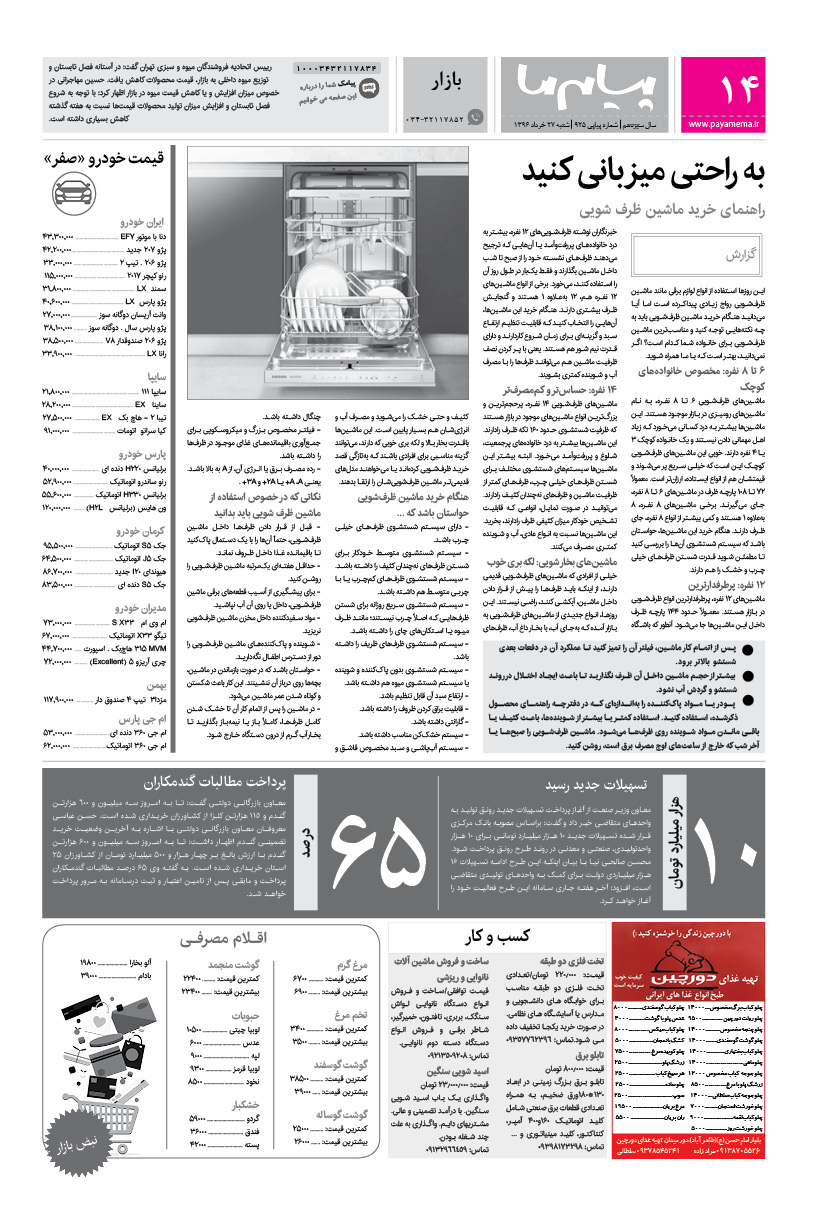 صفحه بازار شماره 925 روزنامه پیام ما