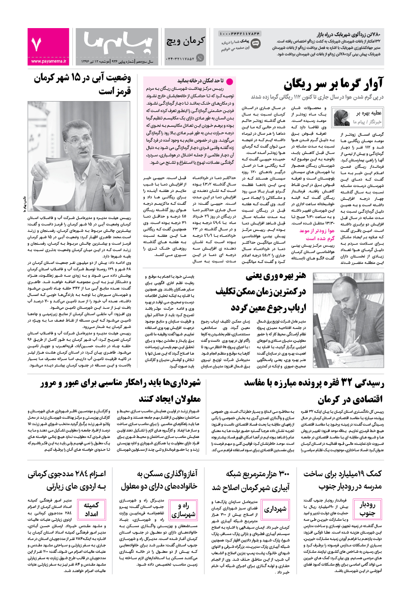 صفحه کرمان ویچ شماره 936 روزنامه پیام ما