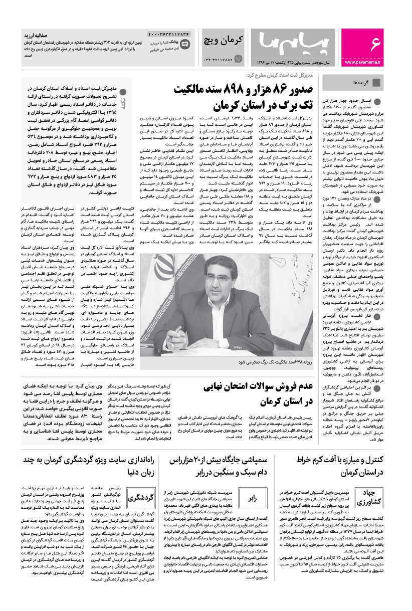 صفحه کرمان ویچ شماره 935 روزنامه پیام ما