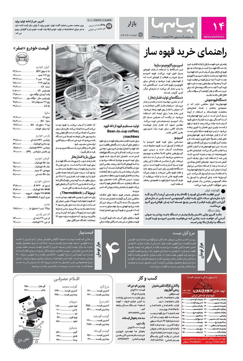 صفحه بازار شماره 952 روزنامه پیام ما