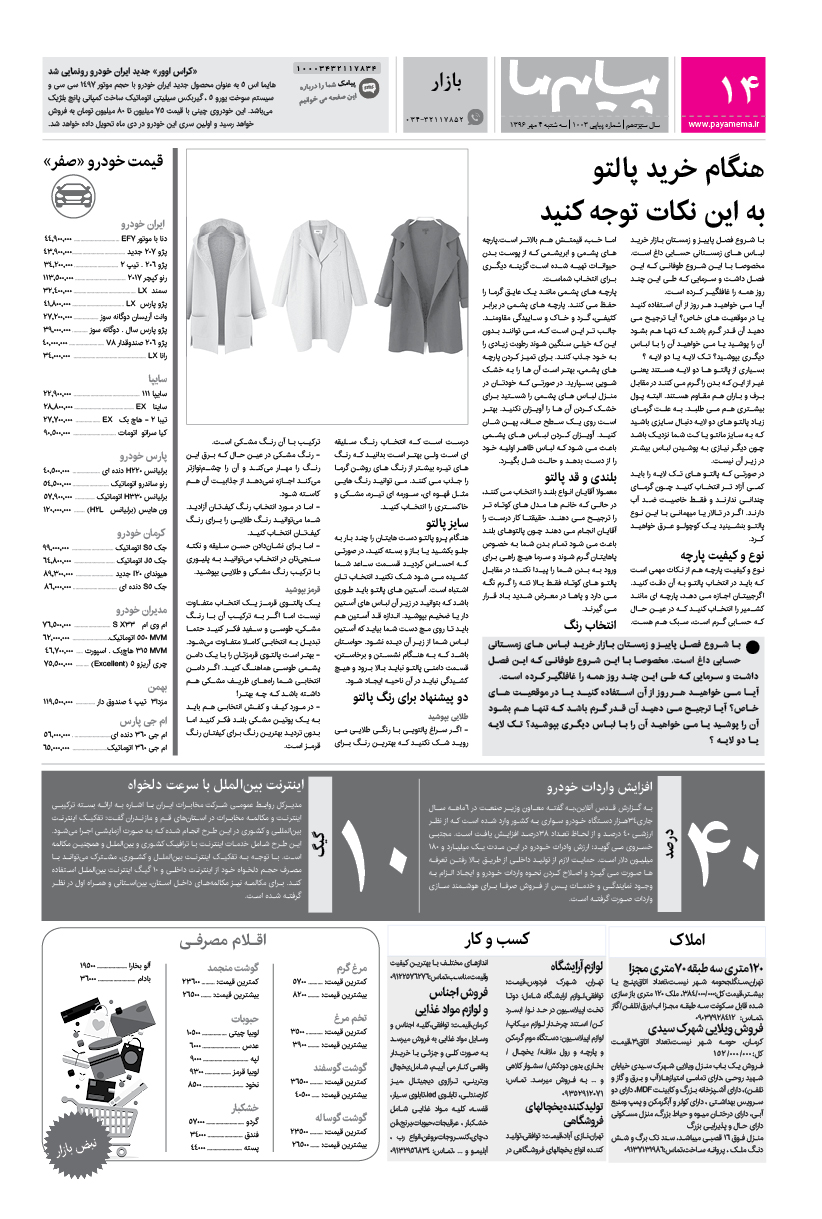 صفحه بازار شماره 1003 روزنامه پیام ما