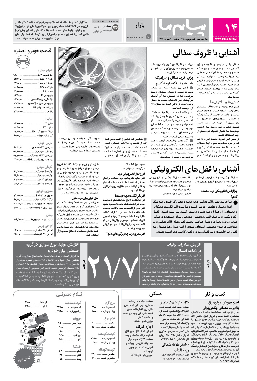 صفحه بازار شماره 991 روزنامه پیام ما