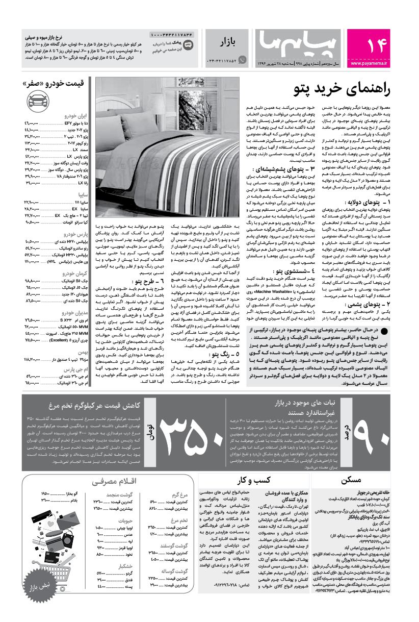 صفحه بازار شماره 998 روزنامه پیام ما