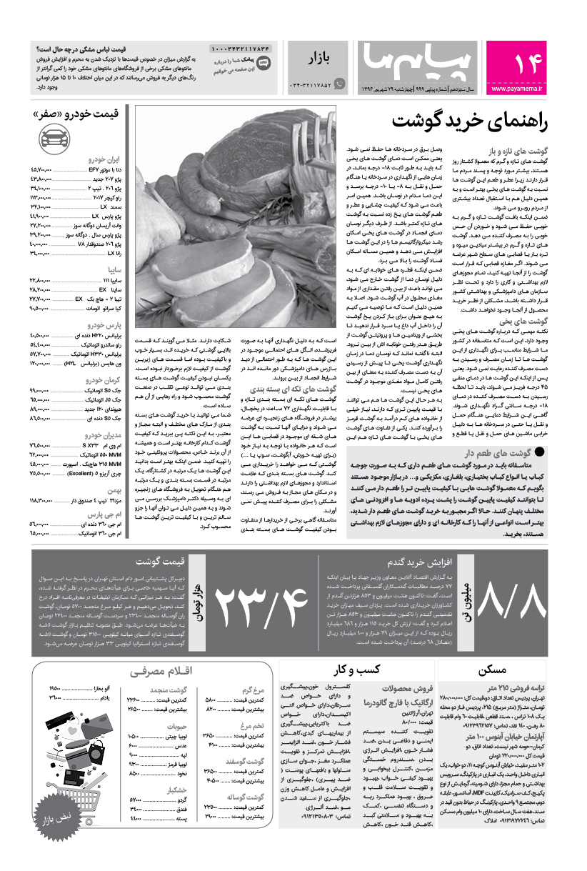صفحه بازار شماره 999 روزنامه پیام ما