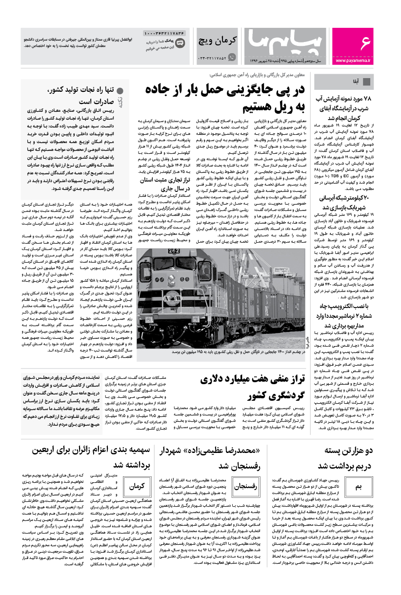 صفحه کرمان ویچ شماره 995 روزنامه پیام ما