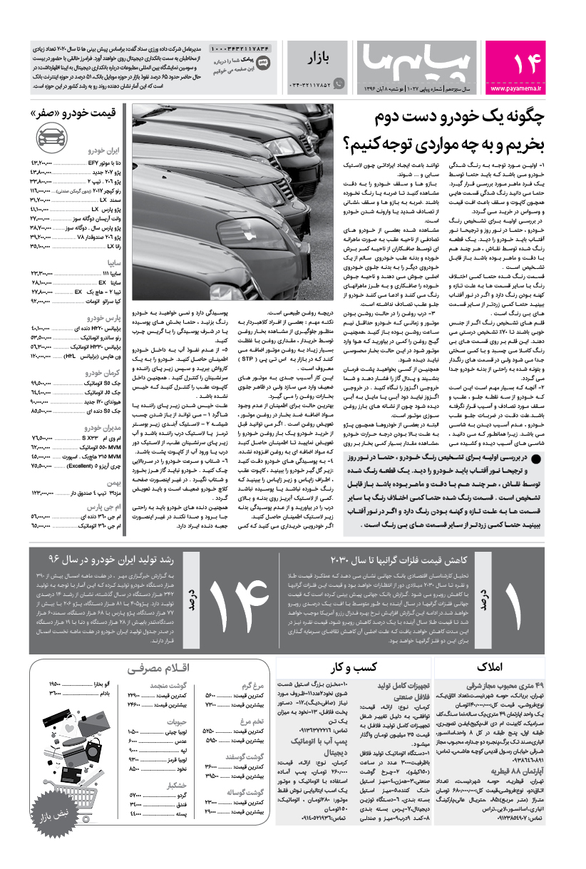 صفحه بازار شماره 1027 روزنامه پیام ما