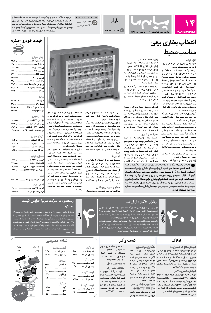 صفحه بازار شماره 1021 روزنامه پیام ما