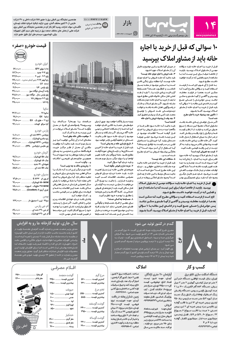صفحه بازار شماره 1031 روزنامه پیام ما
