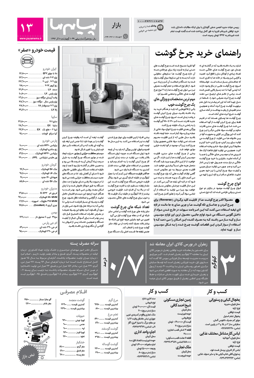 صفحه بازار شماره 1049 روزنامه پیام ما