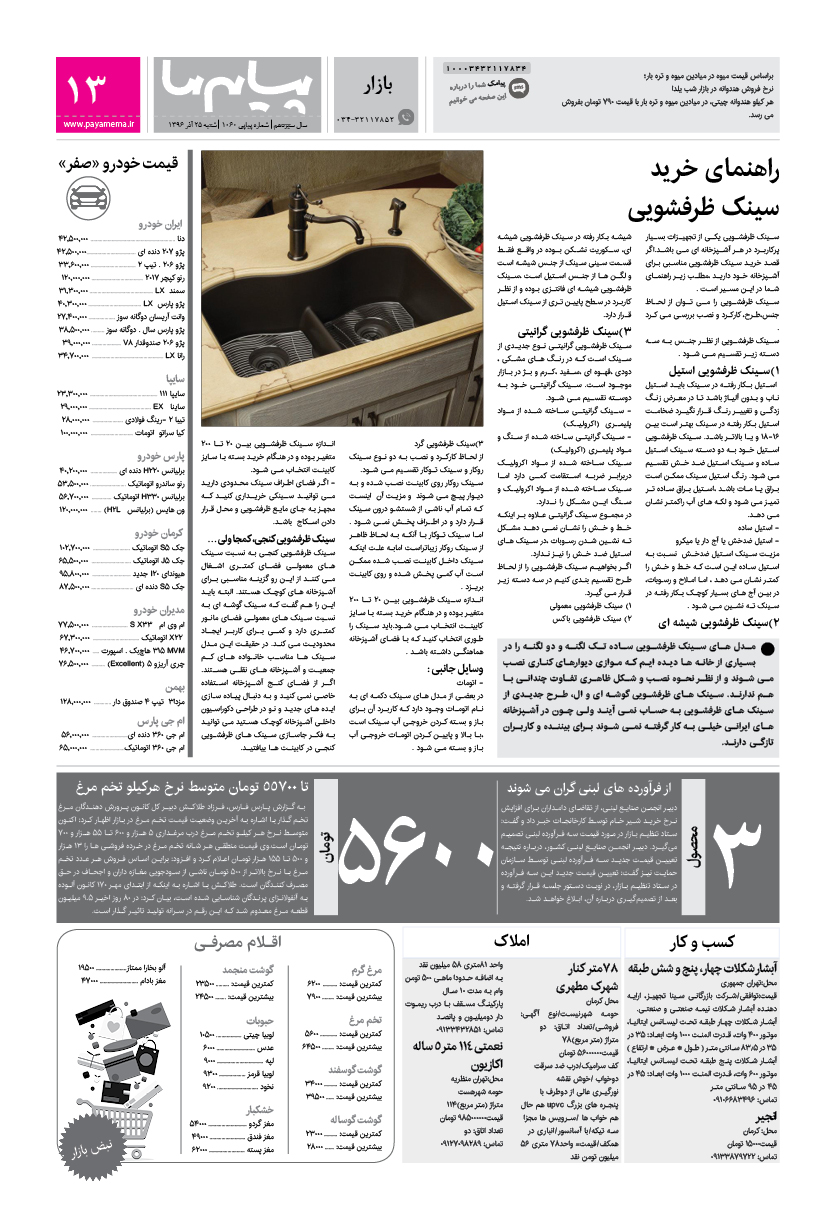 صفحه بازار شماره 1060 روزنامه پیام ما