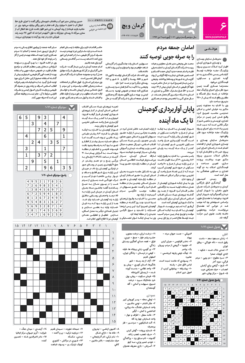 صفحه کرمان ویچ شماره 1071 روزنامه پیام ما