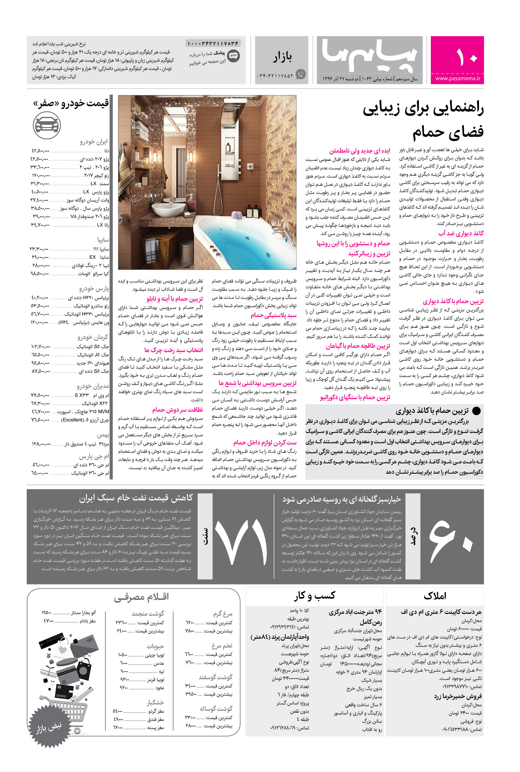 صفحه بازار شماره 1062 روزنامه پیام ما