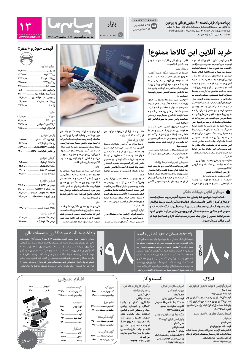 صفحه بازار شماره 1076 روزنامه پیام ما