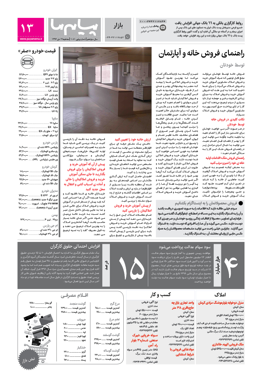 صفحه بازار شماره 1081 روزنامه پیام ما