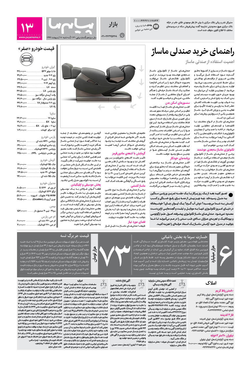 صفحه بازار شماره 1161 روزنامه پیام ما
