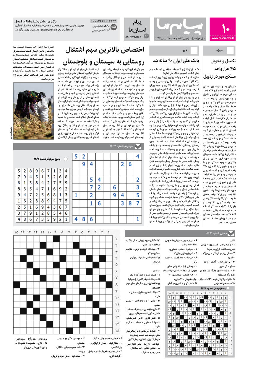 صفحه پیام استان‌ها شماره 1263 روزنامه پیام ما