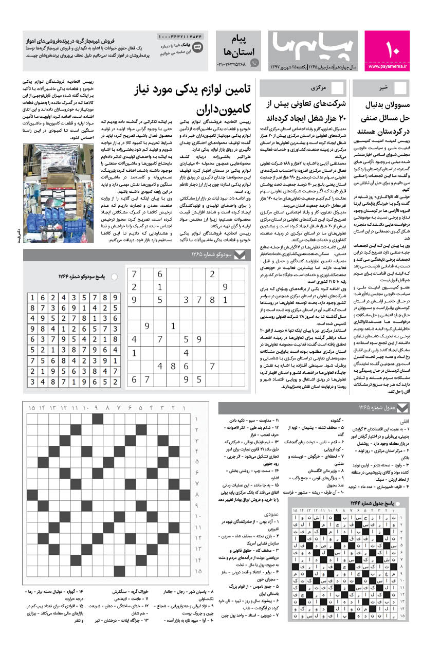 صفحه پیام استان‌ها شماره 1265 روزنامه پیام ما