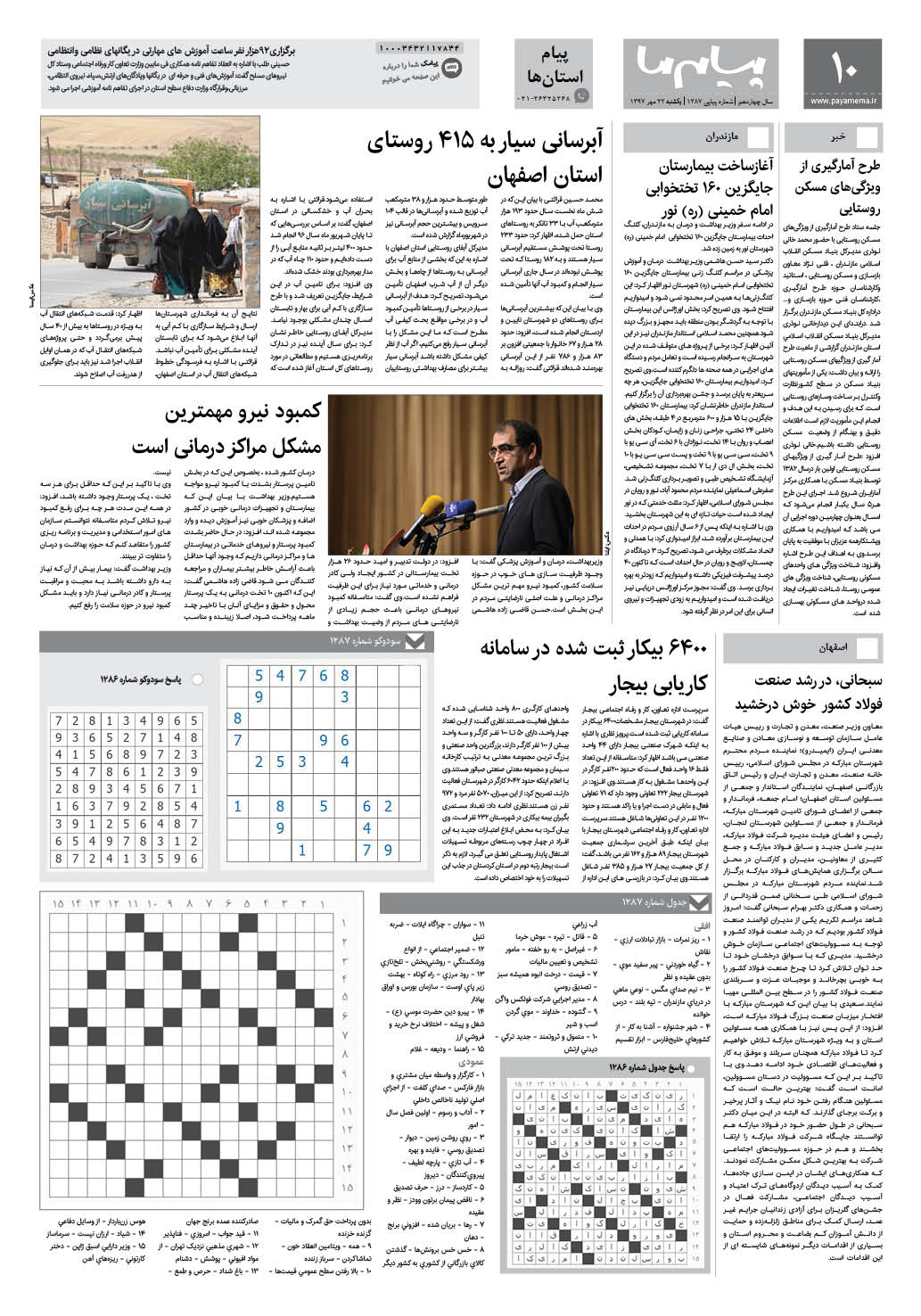 صفحه پیام استان ها شماره 1287 روزنامه پیام ما