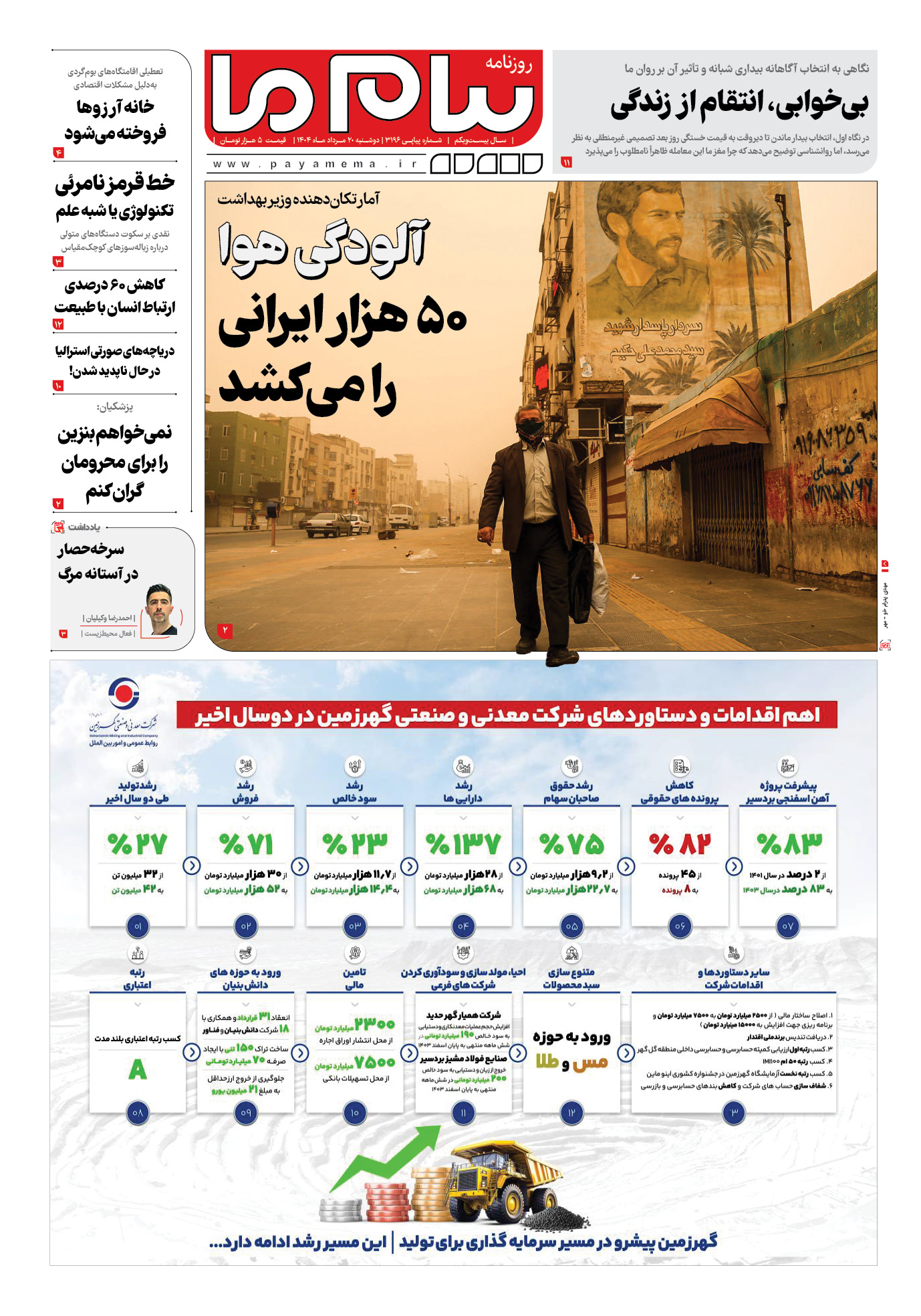 صفحه ۱ شماره ۳۱۹۶ روزنامه پیام ما